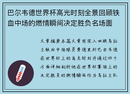 巴尔韦德世界杯高光时刻全景回顾铁血中场的燃情瞬间决定胜负名场面